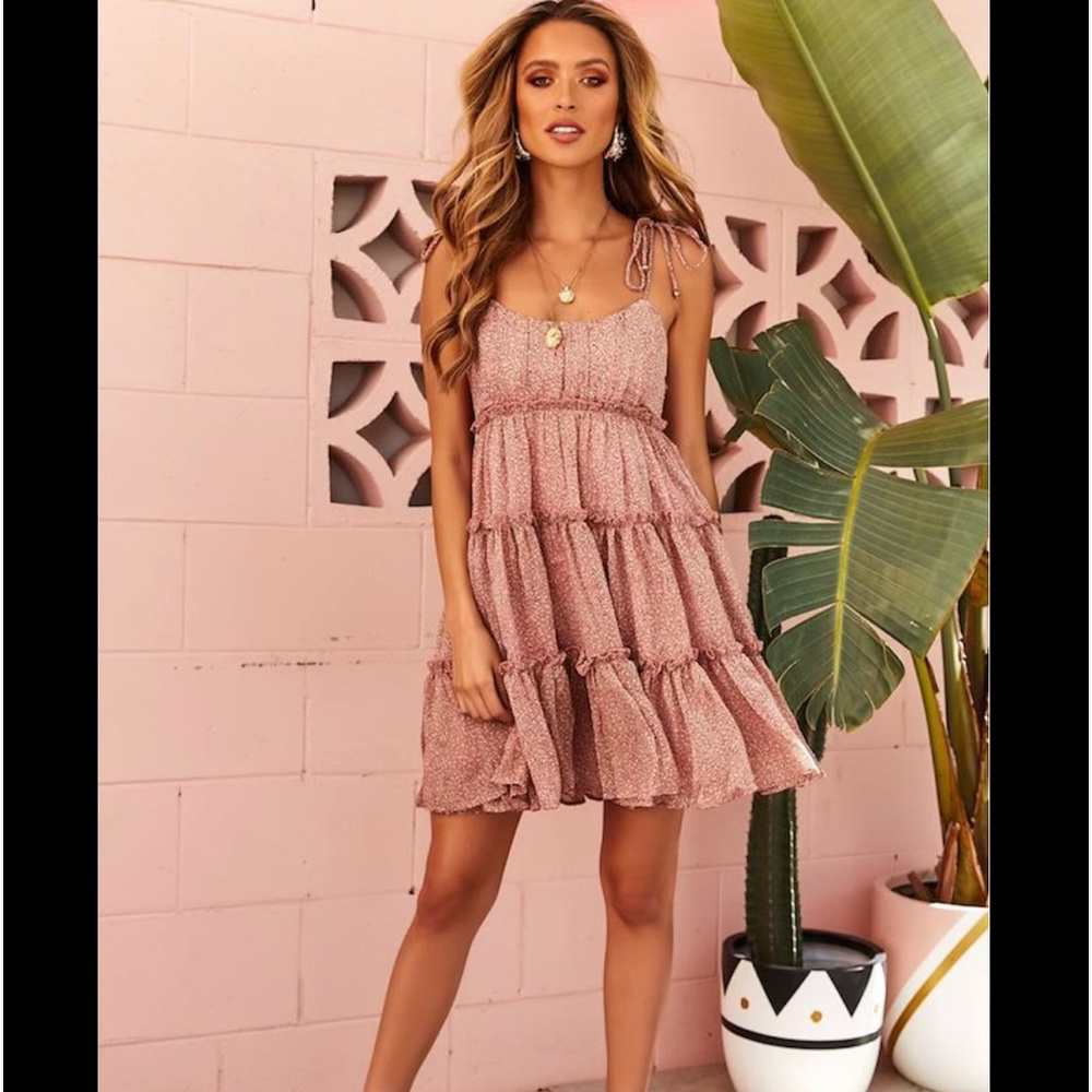 NWT! Clearance 🔥Pink Leopard Print Self Tie Straps tiered Ruffle Lined Dress - Picture 2 of 3